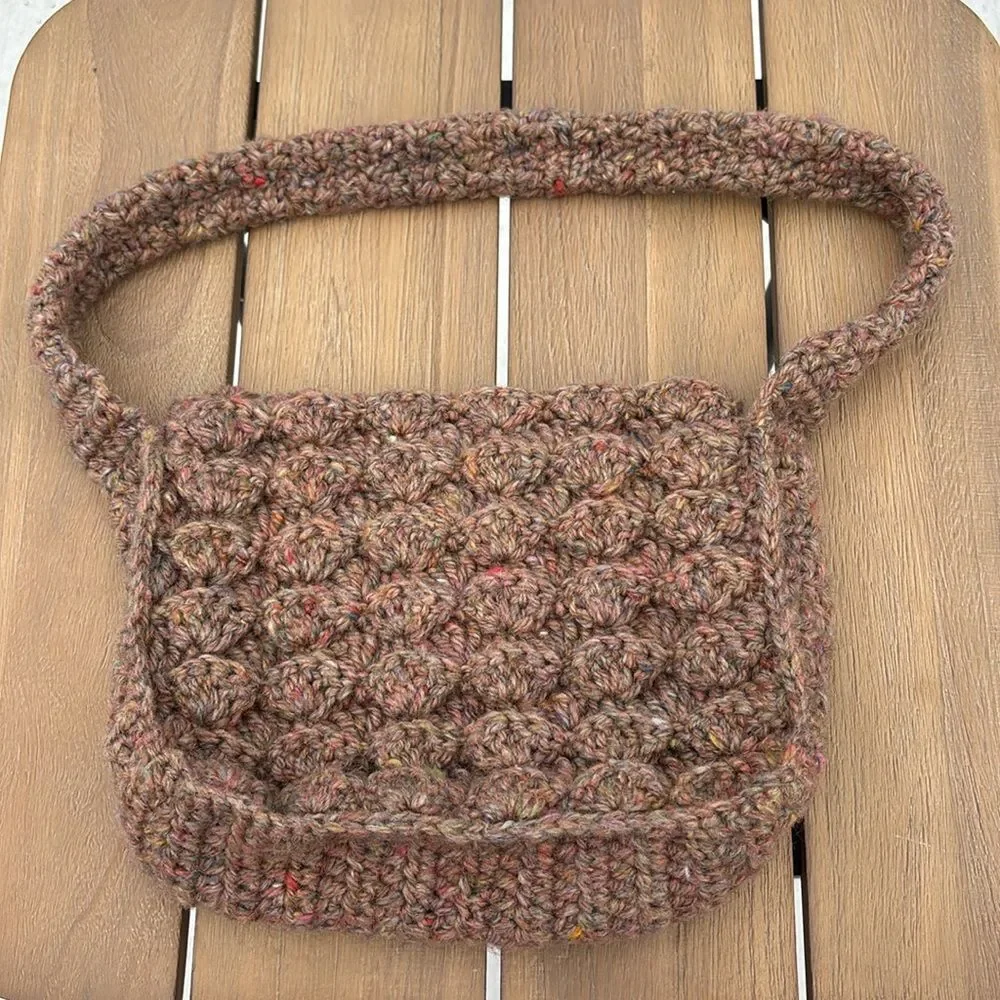 Vintage Handcrafted homemade speckle wool Brown Crochet Shoulder Bag purse EUC!